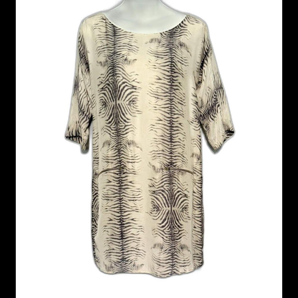 ZARA Woman Mini Dress Sz XS 100% Silk Black Label Tiger Stripe Gold Zipper